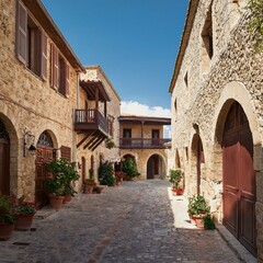Obraz premium perspective of stone houses in a medieval street, AI generated