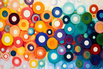 A colorful abstract painting with many circles of different sizes and colors
