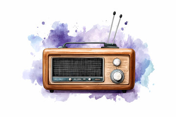Obraz premium Vintage radio with wooden design and colorful watercolor background