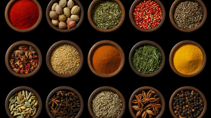 An assortment of various spices in small wooden bowls, isolated on black background.