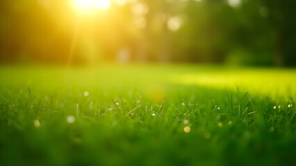 Fototapeta premium Close-up of Dew-Covered Grass in Morning Sunlight, Fresh and Serene Natural Vibe