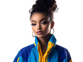 a woman with a blue and yellow jacket