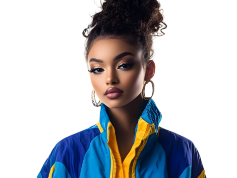 a woman with a blue and yellow jacket