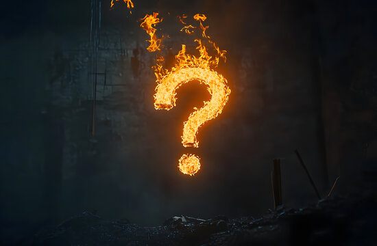 burning question marks in a dark room.