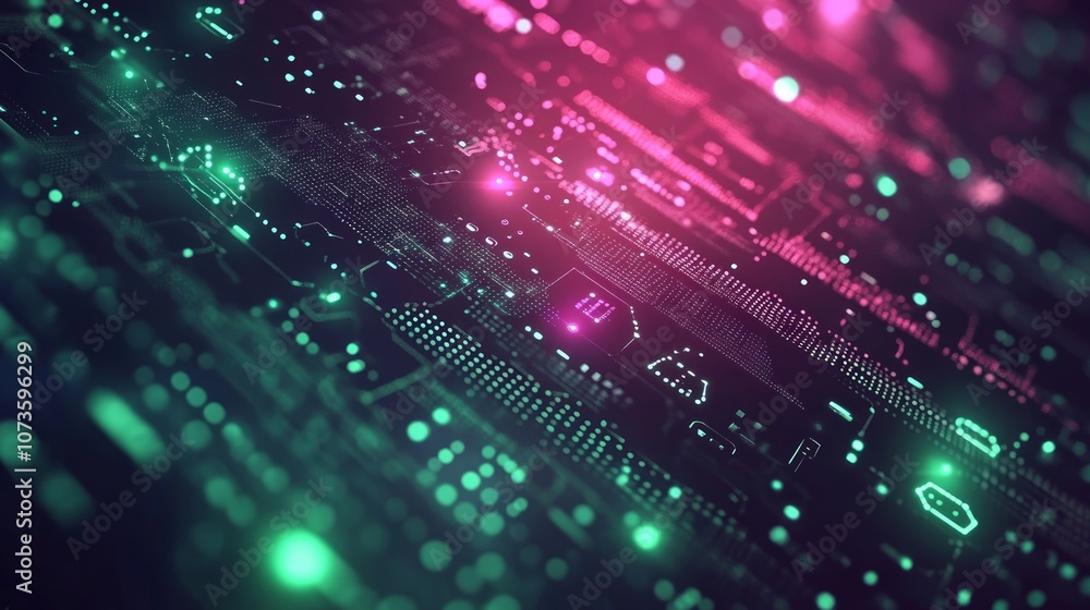 Aufkleber abstract digital background with glowing circuit board pattern in pink and green.