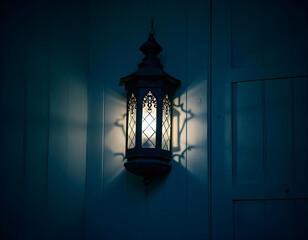 An elegant lantern with Art Nouveau patterns casting flowing shadows on a painted wall, warm golden...