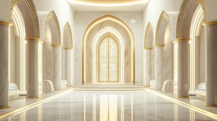 Golden and white marble corridor with carved gold arches