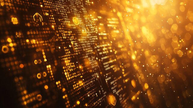 Abstract digital background with glowing gold code and bokeh effect.