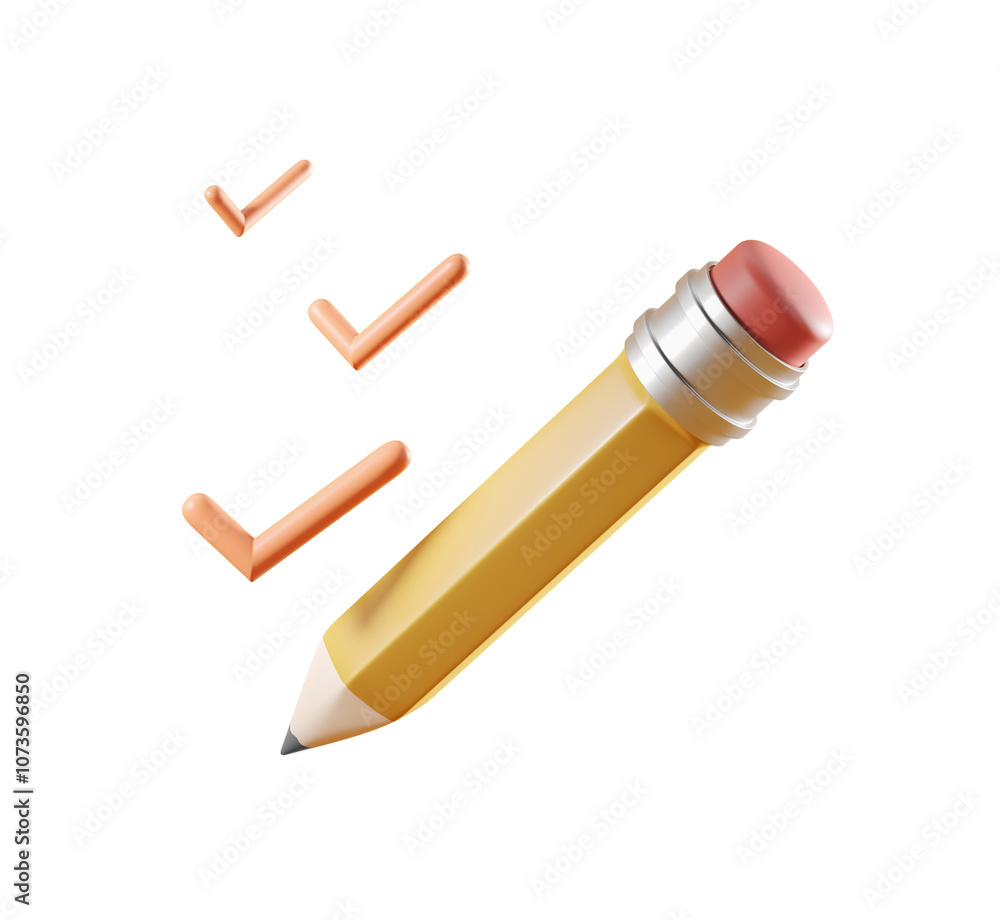 Poster yellow pencil with three orange check marks, isolated on a clean white background. concept of comple