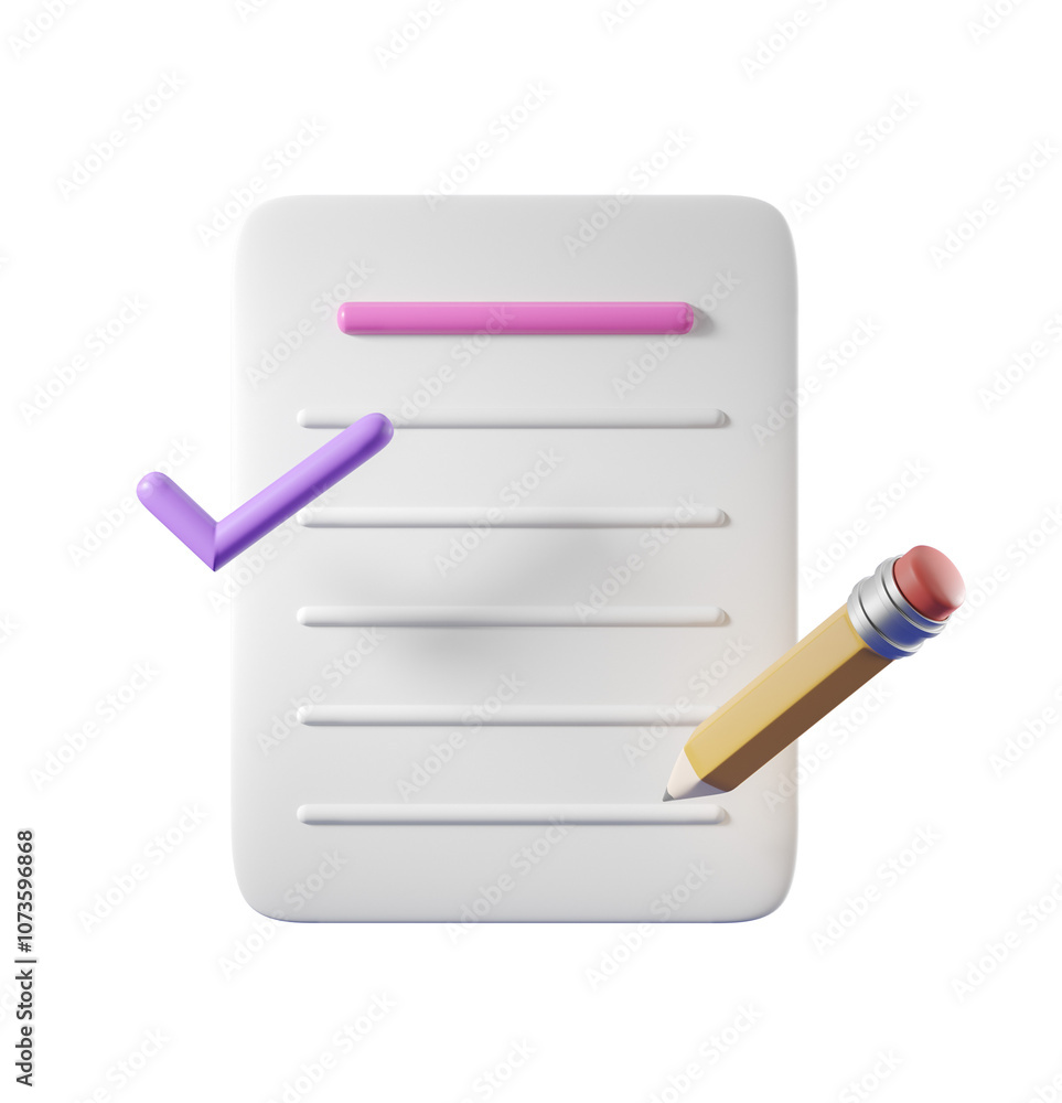 Poster 3d rendering of a checklist with a pencil and checkmark, isolated on a white background. concept of 
