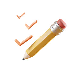 Yellow pencil with three orange check marks, isolated on a clean white background. Concept of completion and accuracy. 3D Rendering