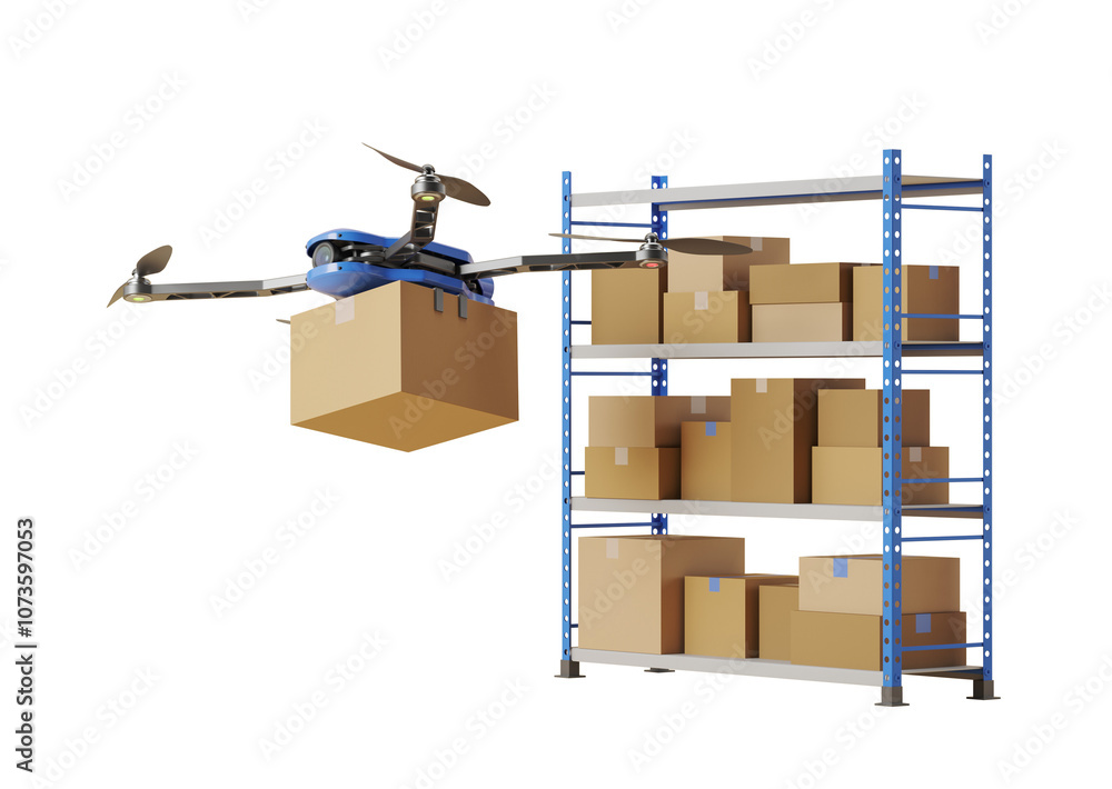Poster drone carrying a box near a shelf with packages on a white background. concept of automated delivery