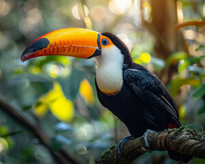 A brightly colored toucan with a large beak perched in the sunlit wilderness, Generative AI