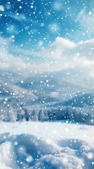 A snowy landscape with a blue sky and mountains in the background