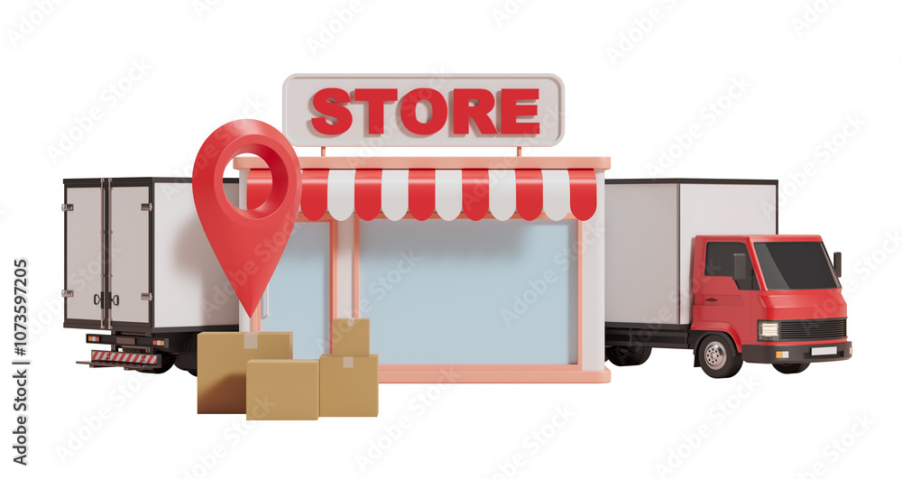 Poster illustration of a store with red trucks and location pin, isolated on white background. represents d