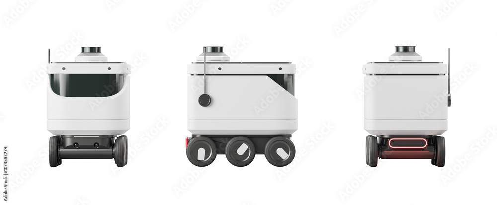 Poster three autonomous delivery robots shown from different angles on a white background, showcasing moder