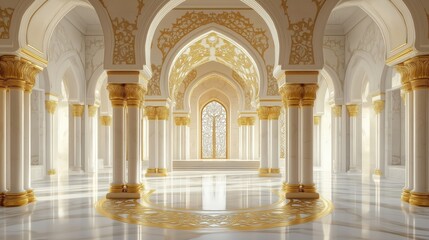 Fototapeta premium Golden and white marble corridor with carved gold arches