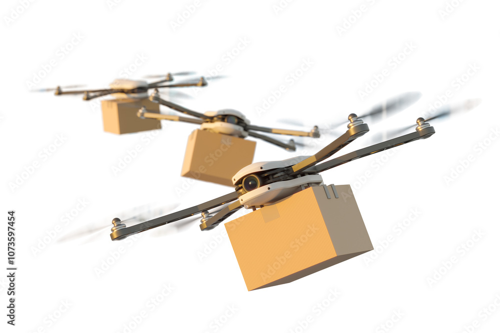 Poster three delivery drones with packages in flight on a white background, emphasizing modern logistics an