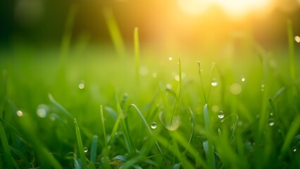 Obraz premium Close-up of Dew-Covered Grass in Morning Sunlight, Fresh and Serene Natural Vibe