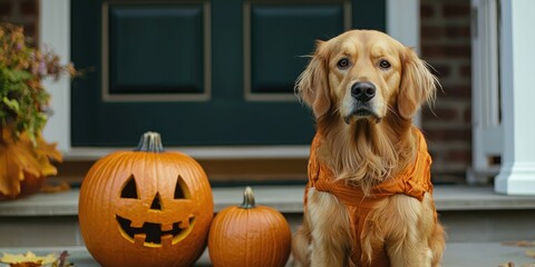 A dog wearing a cute Halloween costume, sitting next to a pumpkin on the front porch.