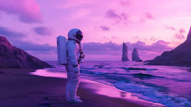 An astronaut stands alone on a serene and beautiful alien beach, taking in the breathtaking view at sunset