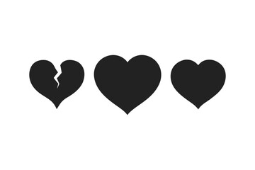 A set of three heart icons, whole, broken and healed silhouette black vector art illustration.