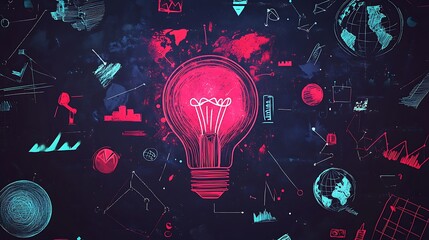 A hand-drawn illustration of icons representing light bulb, Business idea light bulb earth map