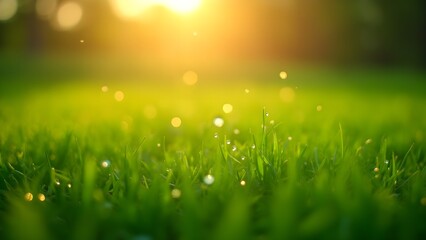 Obraz premium Close-up of Dew-Covered Grass in Morning Sunlight, Fresh and Serene Natural Vibe