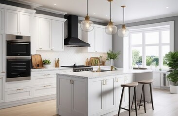 Modern white kitchen with minimalist cabinets, bright natural light, and sleek appliances, creating a clean and spacious look