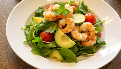 Shrimp Salad with Cherry Tomatoes, Avocado, Green Lettuce, and Lime Half on White Plate