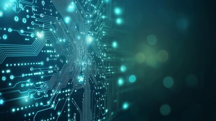 Abstract digital circuit board background with glowing lines and bokeh lights.