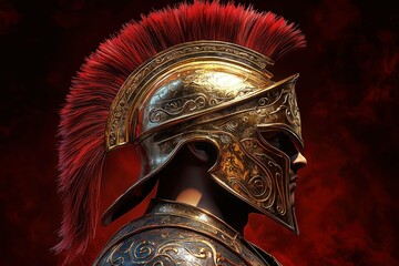  ornate golden helmet with a red crest in ancient Greek style belonging to the war god Ares