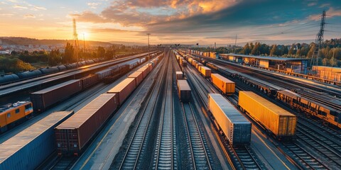 Fototapeta premium A dynamic scene at a logistic port with trucks and trains arriving and departing, showcasing the flow of goods.