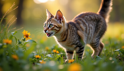 Obraz premium Playful kitten exploring a field of blooming flowers, showcasing the beauty of nature and the joy of discovery.