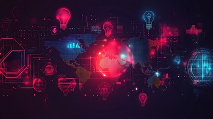 A hand-drawn illustration of icons representing light bulb, Business idea light bulb earth map