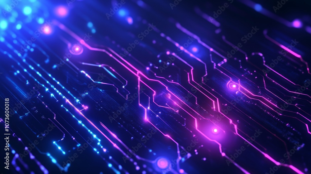 Poster abstract digital circuit board with glowing lines and nodes in blue and pink.