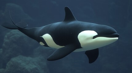 Obraz premium A black and white orca swims in a dark blue, underwater setting.