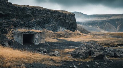 A concrete tunnel entrance leading into a dark, rocky landscape, with a dramatic, overcast sky.