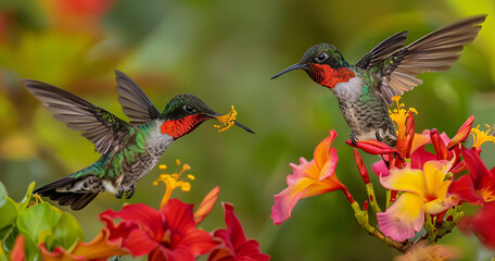 Fototapeta premium Two hummingbirds, one black-crowned and one colorful