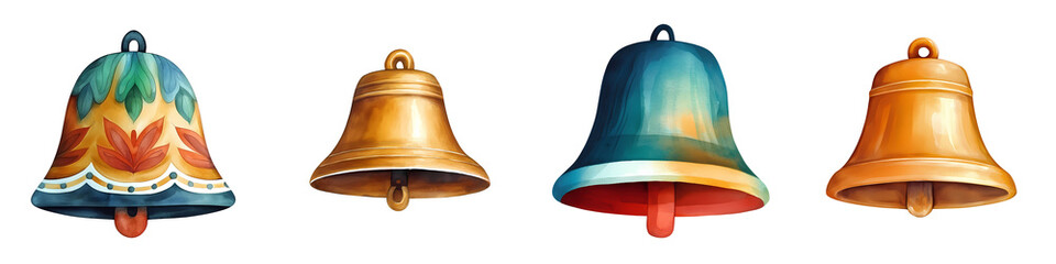 Colorful decorative bells in various styles and designs, perfect for festive occasions, isolate white background