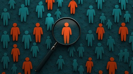 A magnifying glass highlights a single orange figure among a crowd of teal figures, symbolizing focus and individuality in a sea of anonymity.