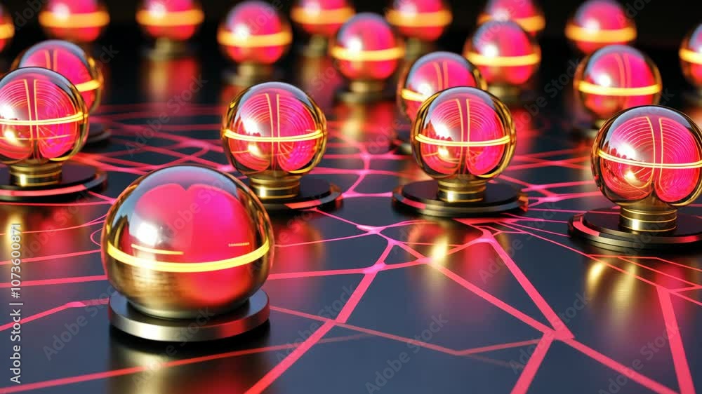 Poster a close-up view of a network of glowing orbs, reflecting a pink light, and connected by intricate re