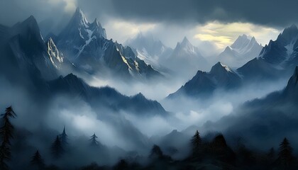  A dramatic mountain scene where towering peaks rise above a blanket of thick fog. 