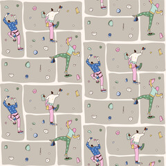 Climbers at bouldering park seamless pattern. Indoor activities endless background. Cliff wall continuous ornament. Vector hand drawn illustration. © Syuzann q