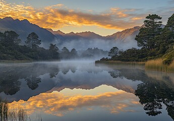 Fototapeta premium Serene Sunrise Reflection Over Lake Malaen, New Zealand