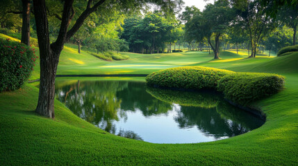 Fototapeta premium Serene Golf Course Pond Reflecting Lush Surrounding Landscape with Green Fairways and Trees
