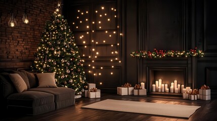 Family movie night by Christmas tree, cozy room with holiday decorations, joyful holiday celebration