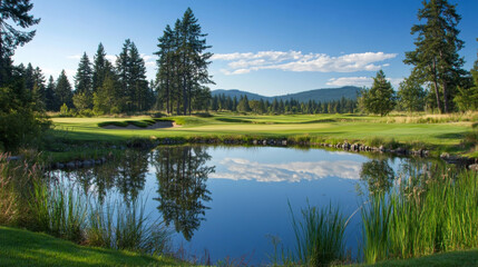 Fototapeta premium Idyllic Golf Course Pond Reflecting Surrounding Picturesque Landscape