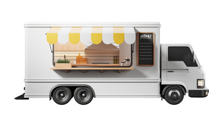 Food truck with a yellow and white awning and a menu board, isolated on a white background. Concept of mobile food service. 3D Rendering