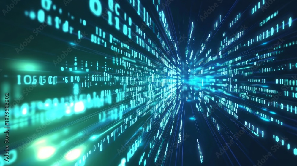 Poster abstract digital tunnel of glowing binary code, representing the speed and flow of information.